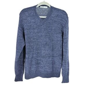 Inis Meain Mens Blue 100% Linen V-Neck Sweater Made in Ireland Size L Spring
